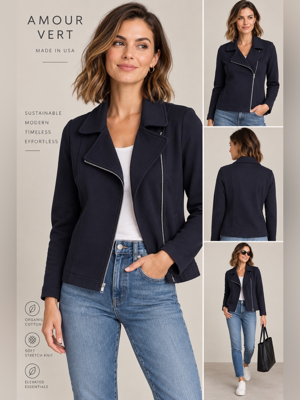 Amour Vert Bkack Organic Cotton Stretch Knit Moto Jacket Size M